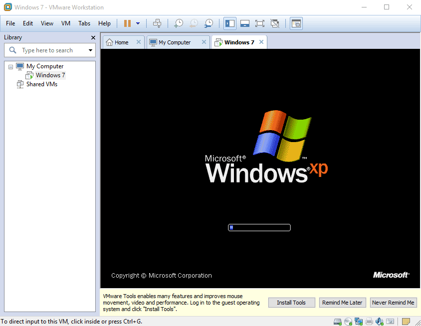 Запущен виртуальный компьютер с Windows XP на VMware Workstation